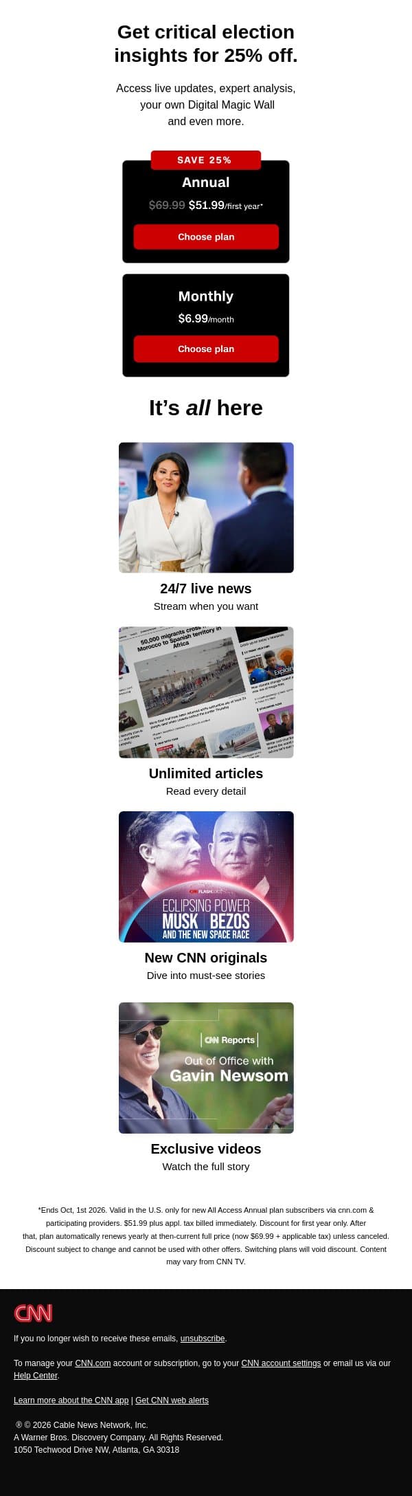 25% off: Election insights. Live updates. Exclusive analysis. email from CNN screenshot