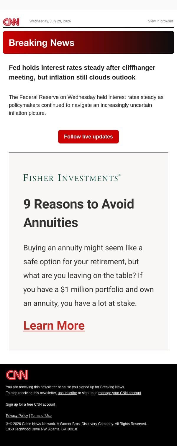 Fed holds interest rates steady after cliffhanger meeting, but inflation still clouds outlook email from CNN screenshot
