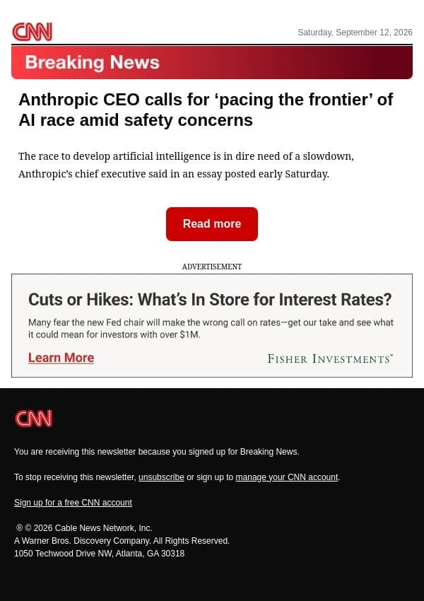 Anthropic CEO calls for ‘pacing the frontier’ of AI race amid safety concerns email from CNN screenshot