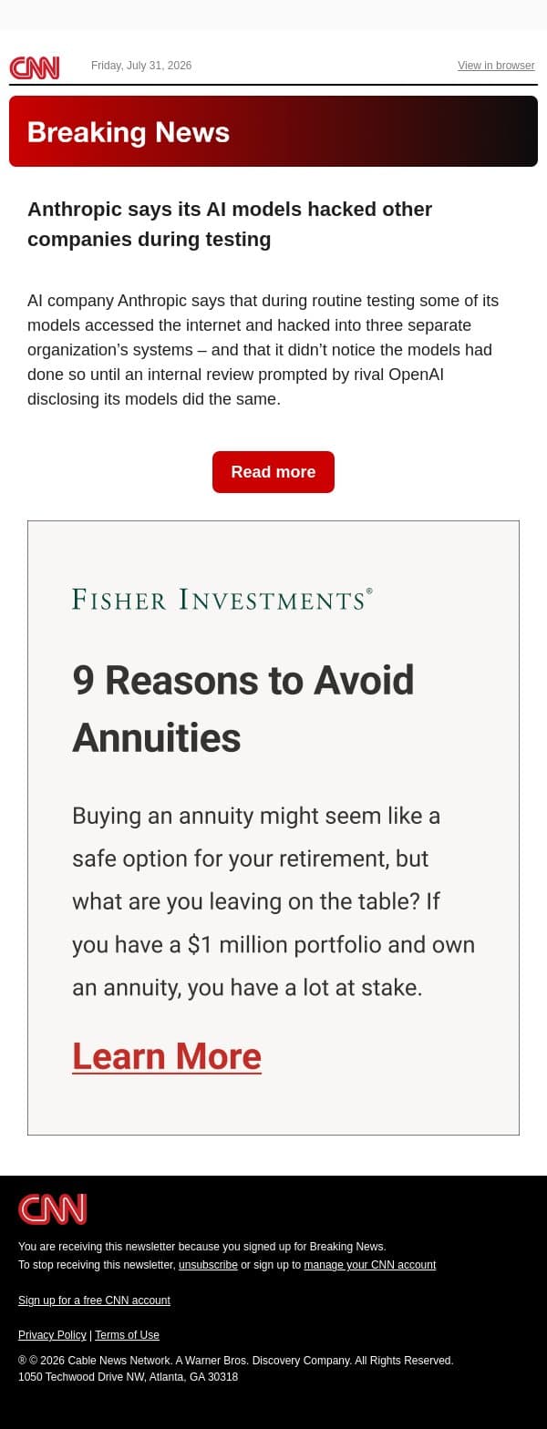 Anthropic says its AI models hacked other companies during testing email from CNN screenshot
