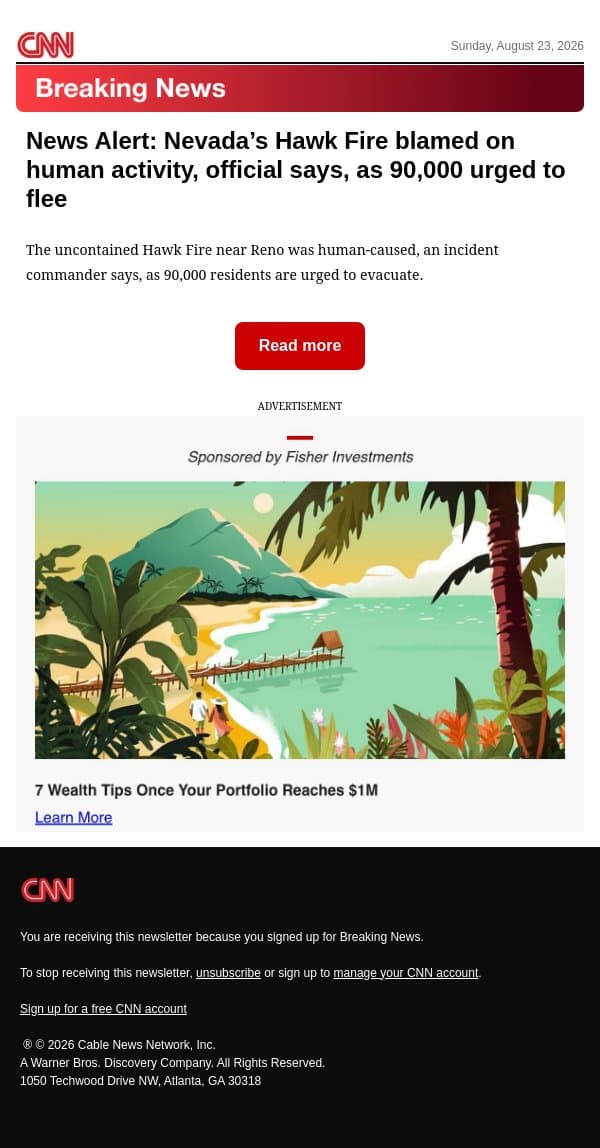 News Alert: Nevada’s Hawk Fire blamed on human activity, official says, as 90,000 urged to flee email from CNN screenshot