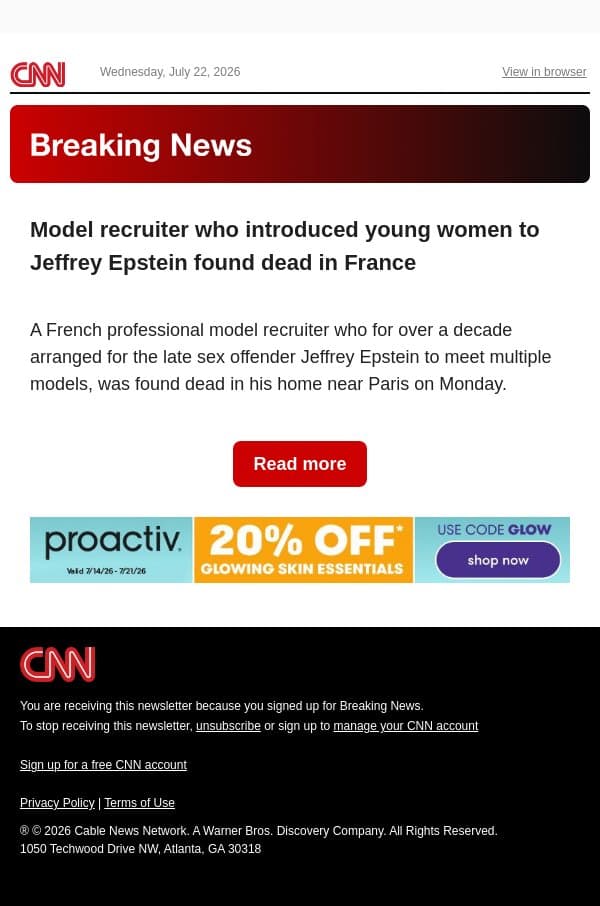 Model recruiter who introduced young women to Jeffrey Epstein found dead in France email from CNN screenshot