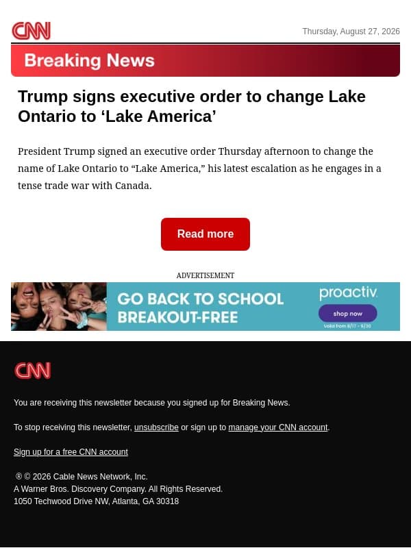 Trump signs executive order to change Lake Ontario to ‘Lake America’ email from CNN screenshot