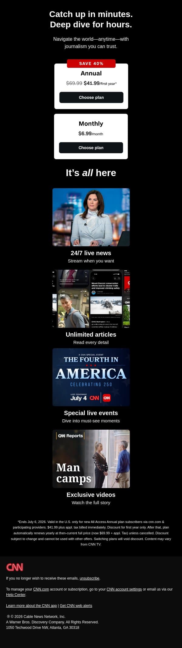 Don’t miss 40% off CNN reporting. email from CNN screenshot