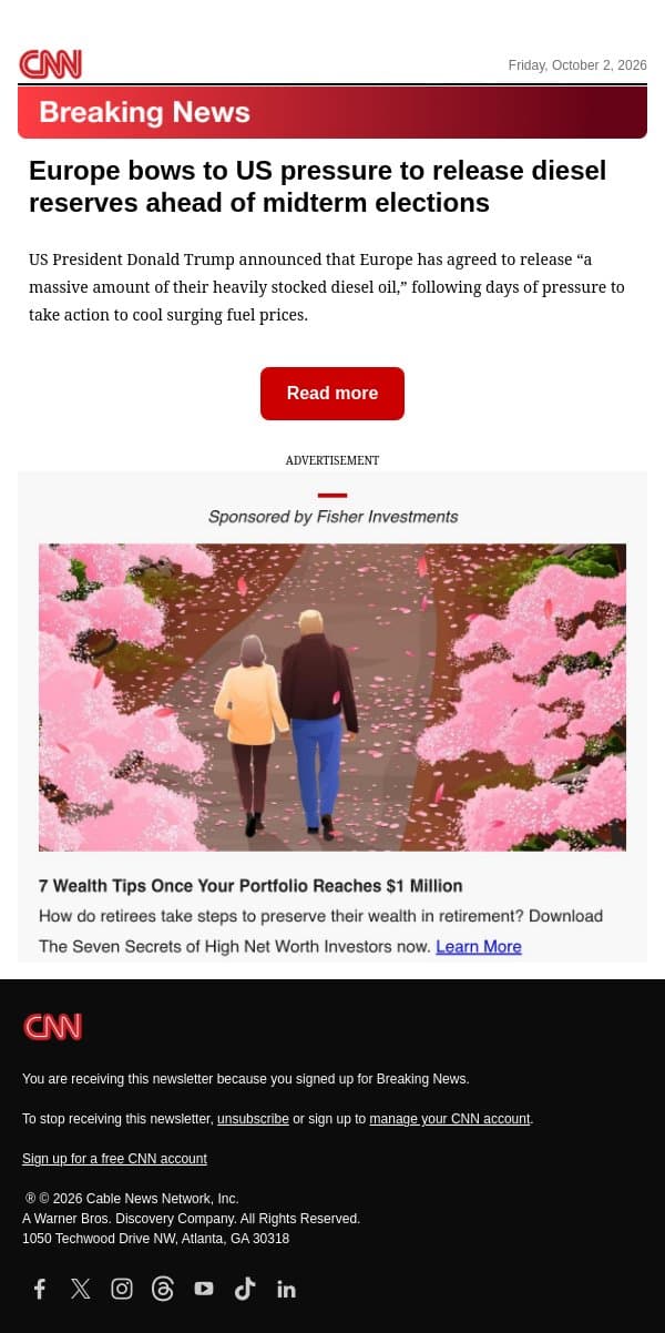 Europe bows to US pressure to release diesel reserves ahead of midterm elections email from CNN screenshot
