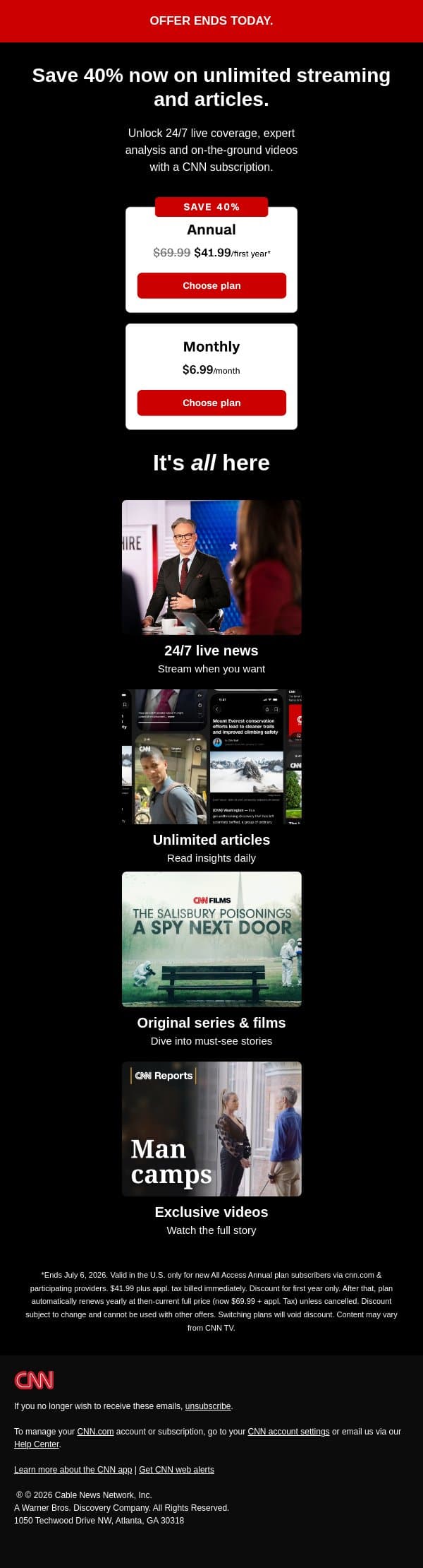 Your offer ends today: 40% off unlimited access. email from CNN screenshot