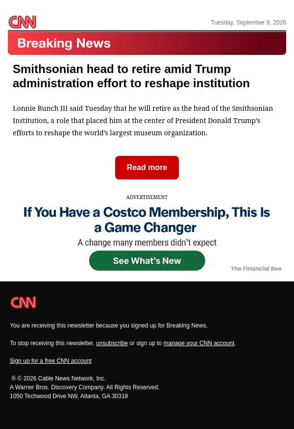 Smithsonian head to retire amid Trump administration effort to reshape institution email from CNN screenshot