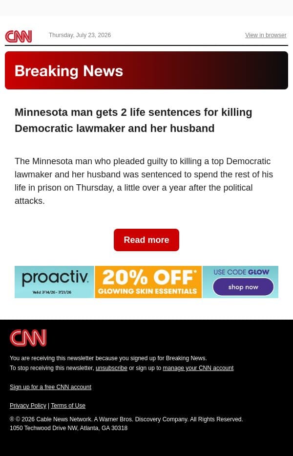 Minnesota man gets 2 life sentences for killing Democratic lawmaker and her husband email from CNN screenshot