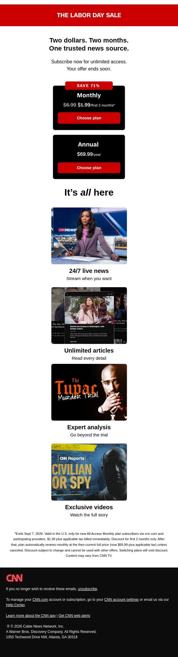 Ends soon: Unlimited CNN for $2/month. email from CNN screenshot