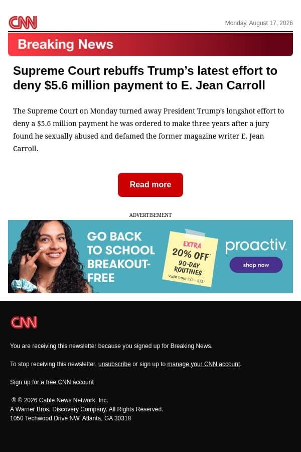 Supreme Court rebuffs Trump’s latest effort to deny $5.6 million payment to E. Jean Carroll email from CNN screenshot