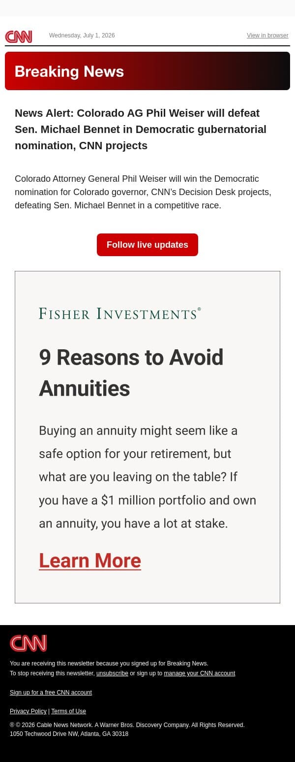 News Alert: Colorado AG Phil Weiser will defeat Sen. Michael Bennet in Democratic gubernatorial nomination, CNN projects email from CNN screenshot