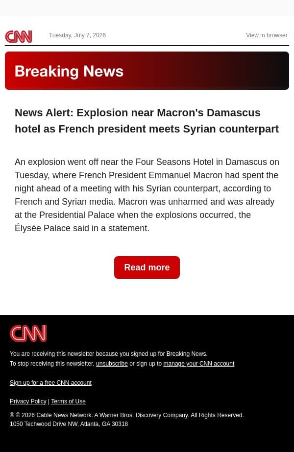 News Alert: Explosion near Macron's Damascus hotel as French president meets Syrian counterpart email from CNN screenshot