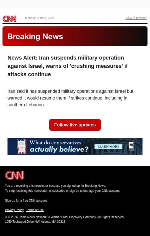 News Alert: Iran suspends military operation against Israel, warns of 'crushing measures' if attacks continue email from CNN screenshot