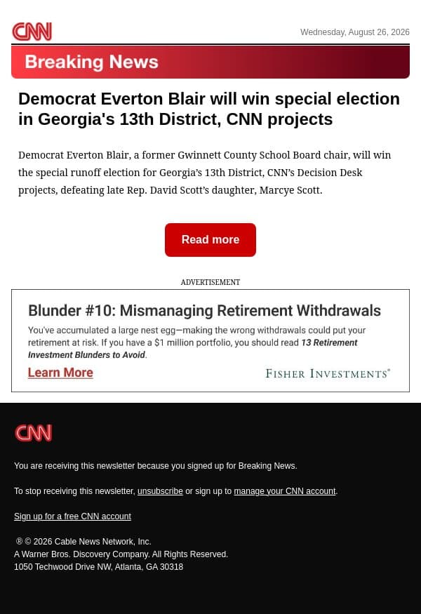 Democrat Everton Blair will win special election in Georgia's 13th District, CNN projects email from CNN screenshot