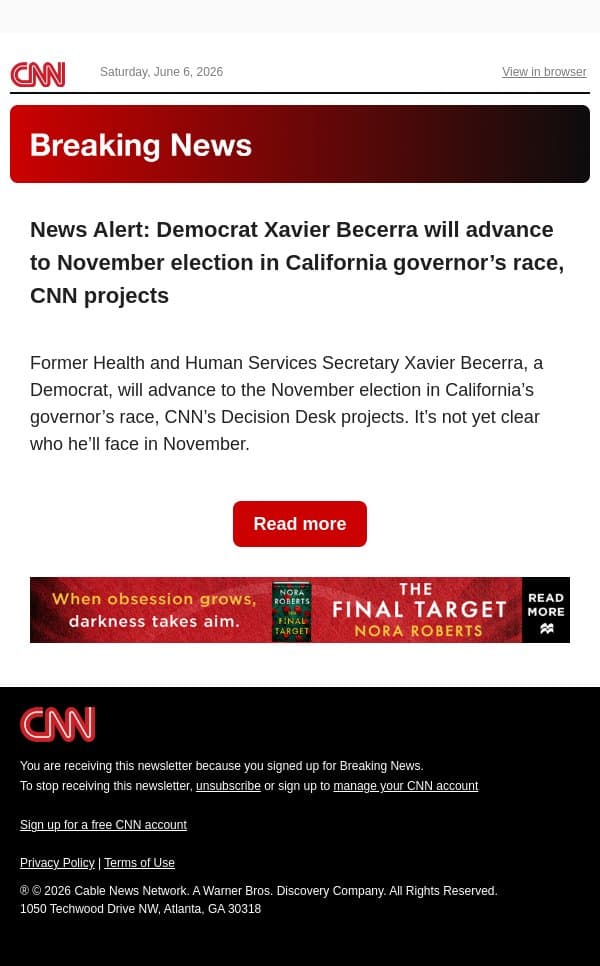 News Alert: Democrat Xavier Becerra will advance to November election in California governor’s race, CNN projects email from CNN screenshot