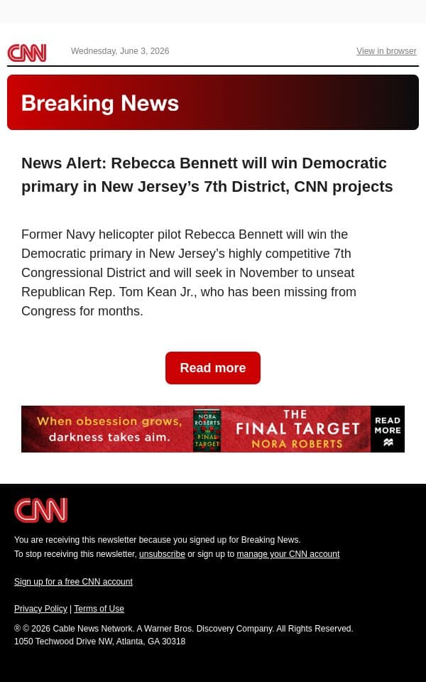 News Alert: Rebecca Bennett will win Democratic primary in New Jersey’s 7th District, CNN projects email from CNN screenshot
