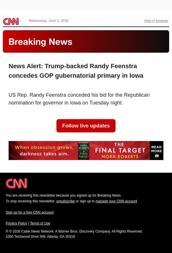 News Alert: Trump-backed Randy Feenstra concedes GOP gubernatorial primary in Iowa email from CNN screenshot