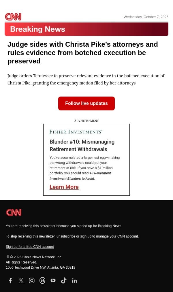 Judge sides with Christa Pike’s attorneys and rules evidence from botched execution be preserved email from CNN screenshot
