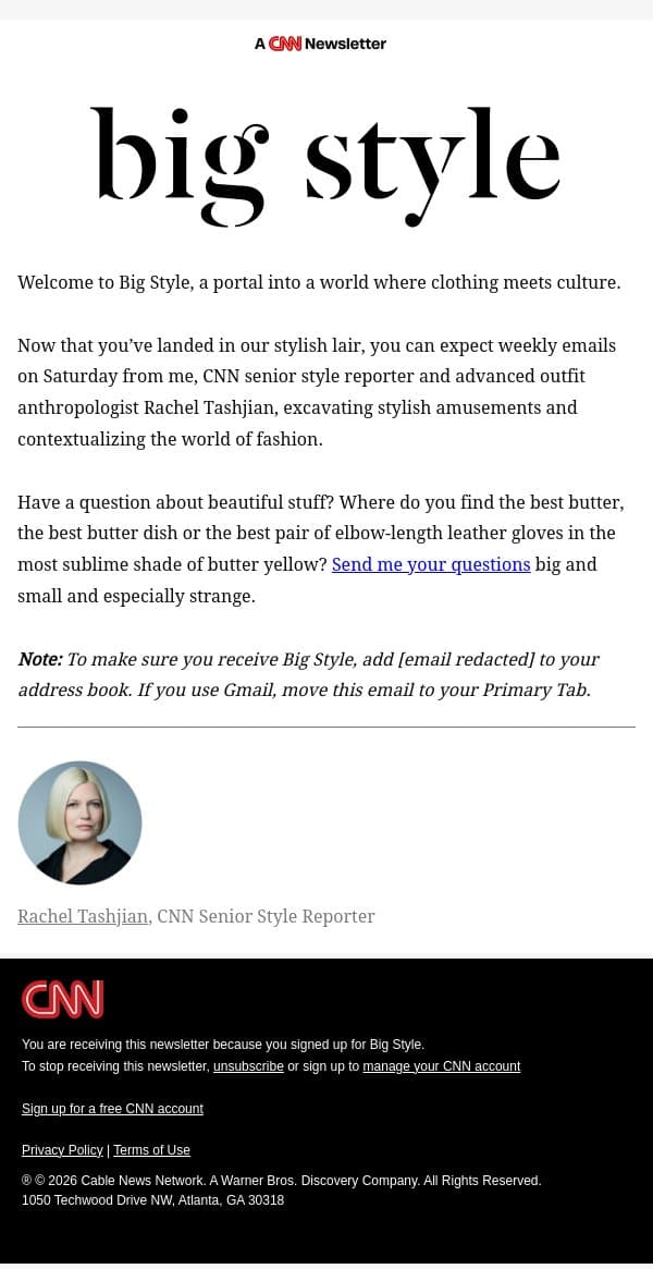 Welcome to the Big Style newsletter email from CNN screenshot