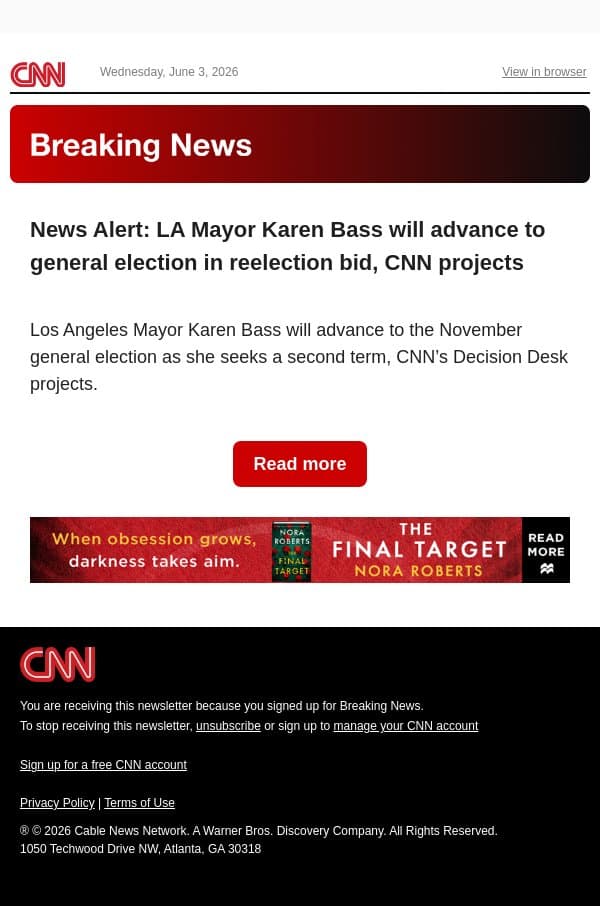 News Alert: LA Mayor Karen Bass will advance to general election in reelection bid, CNN projects email from CNN screenshot