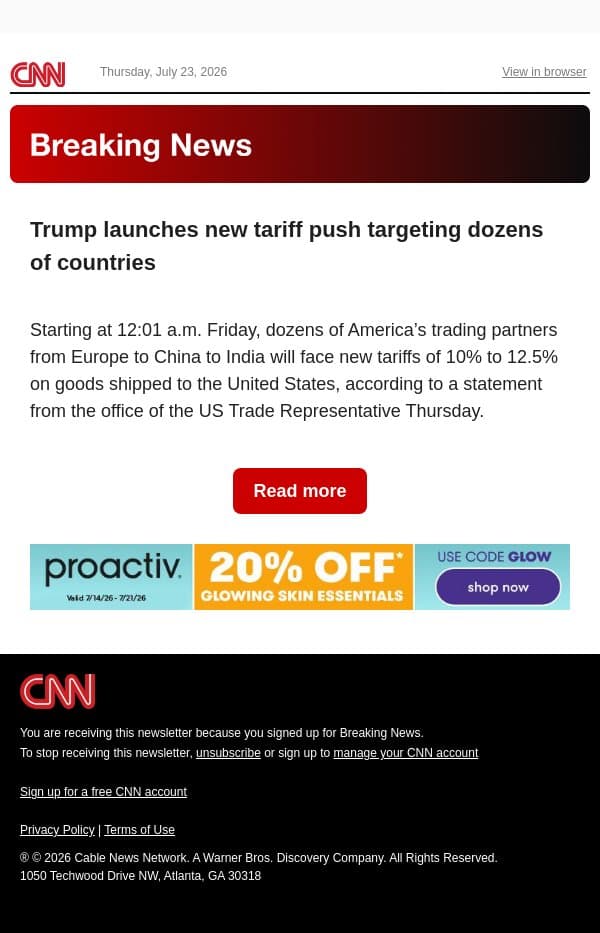 Trump launches new tariff push targeting dozens of countries email from CNN screenshot