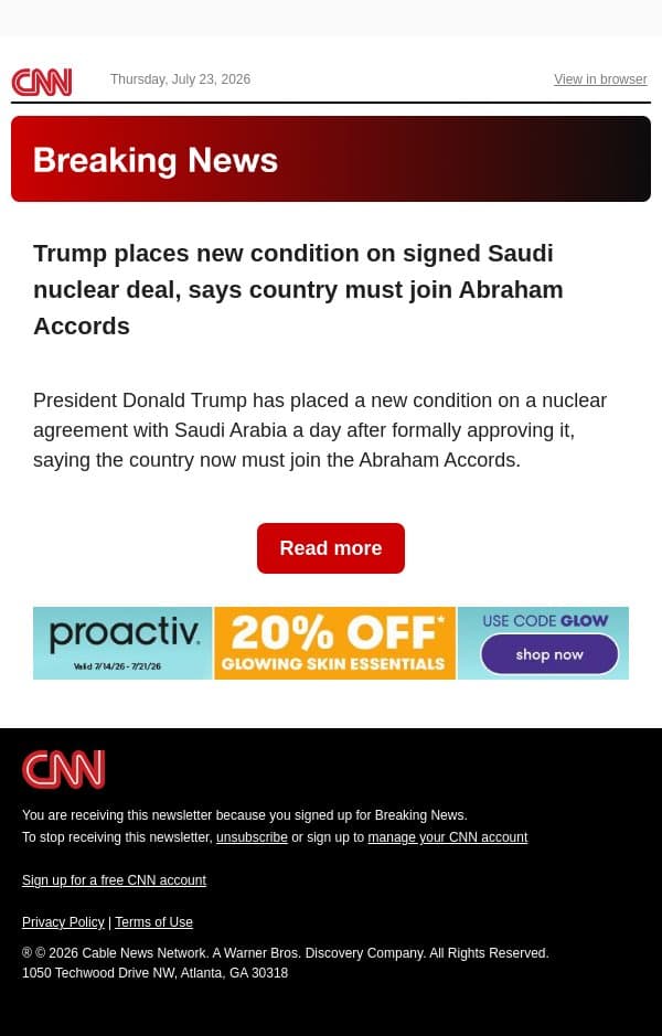 Trump places new condition on signed Saudi nuclear deal, says country must join Abraham Accords email from CNN screenshot