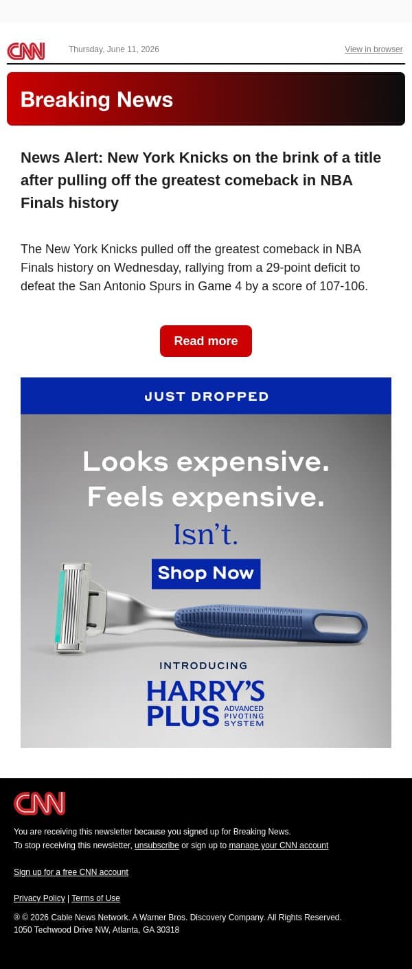 News Alert: New York Knicks on the brink of a title after pulling off the greatest comeback in NBA Finals history email from CNN screenshot