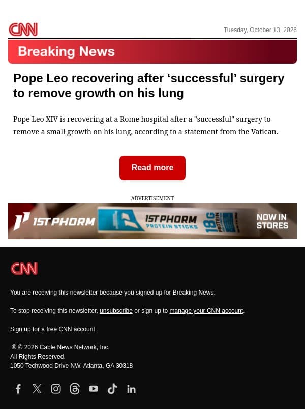 Pope Leo recovering after ‘successful’ surgery to remove growth on his lung email from CNN screenshot