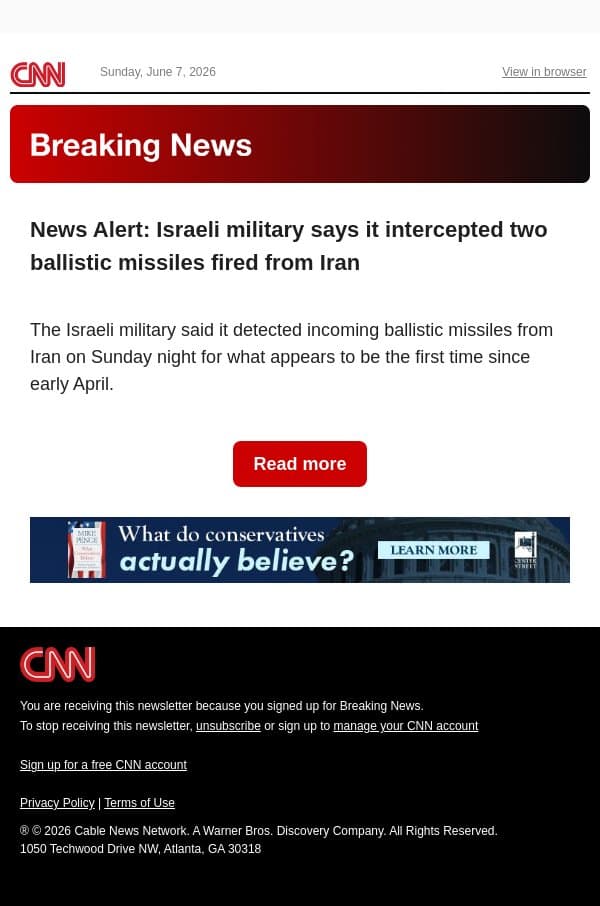 News Alert: Israeli military says it intercepted two ballistic missiles fired from Iran email from CNN screenshot