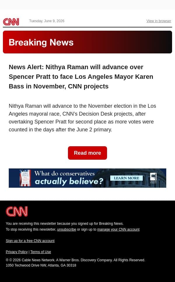 News Alert: Nithya Raman will advance over Spencer Pratt to face Los Angeles Mayor Karen Bass in November, CNN projects email from CNN screenshot