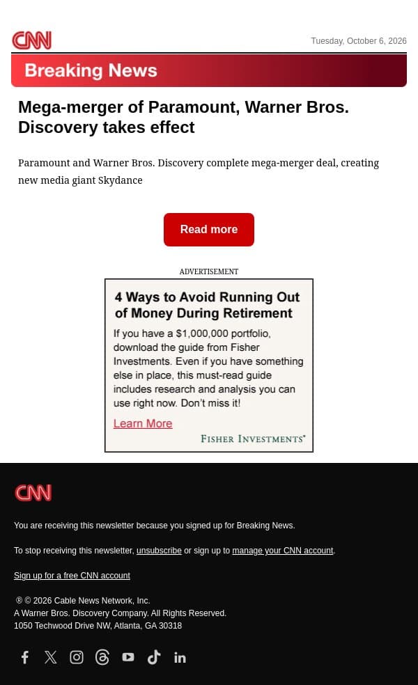 Mega-merger of Paramount, Warner Bros. Discovery takes effect email from CNN screenshot