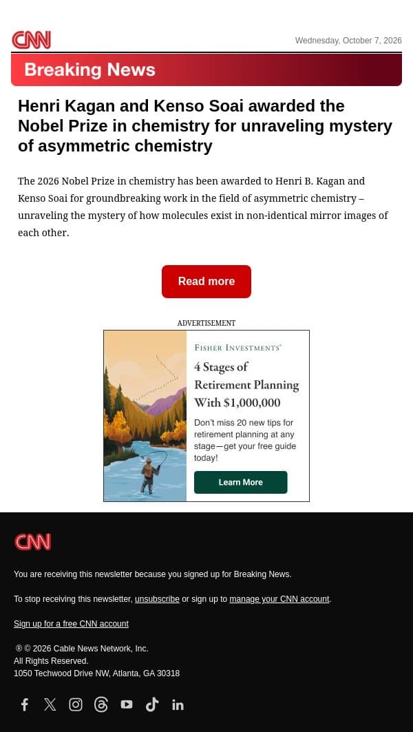 Henri Kagan and Kenso Soai awarded the Nobel Prize in chemistry for unraveling mystery of asymmetric chemistry email from CNN screenshot