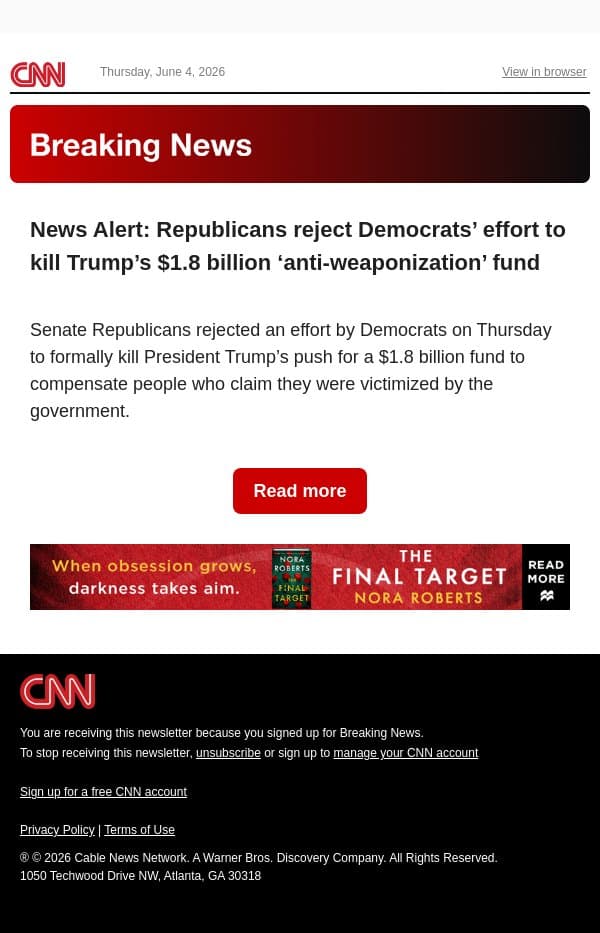 News Alert: Republicans reject Democrats’ effort to kill Trump’s $1.8 billion ‘anti-weaponization’ fund email from CNN screenshot