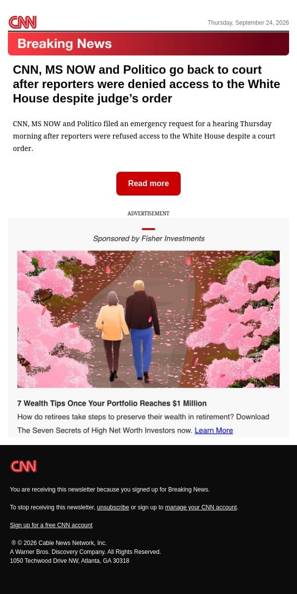 CNN, MS NOW and Politico go back to court after reporters were denied access to the White House despite judge’s order email from CNN screenshot