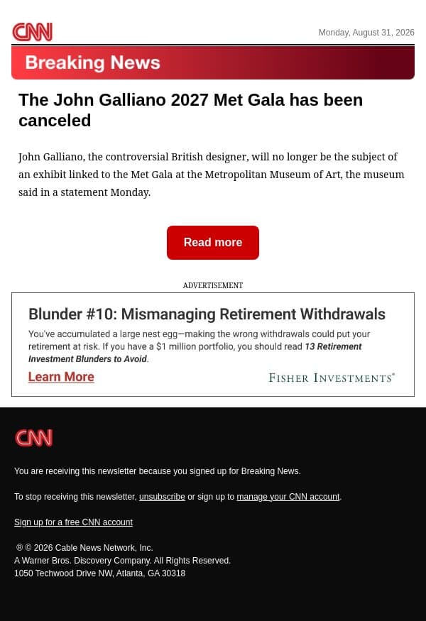 The John Galliano 2027 Met Gala has been canceled email from CNN screenshot