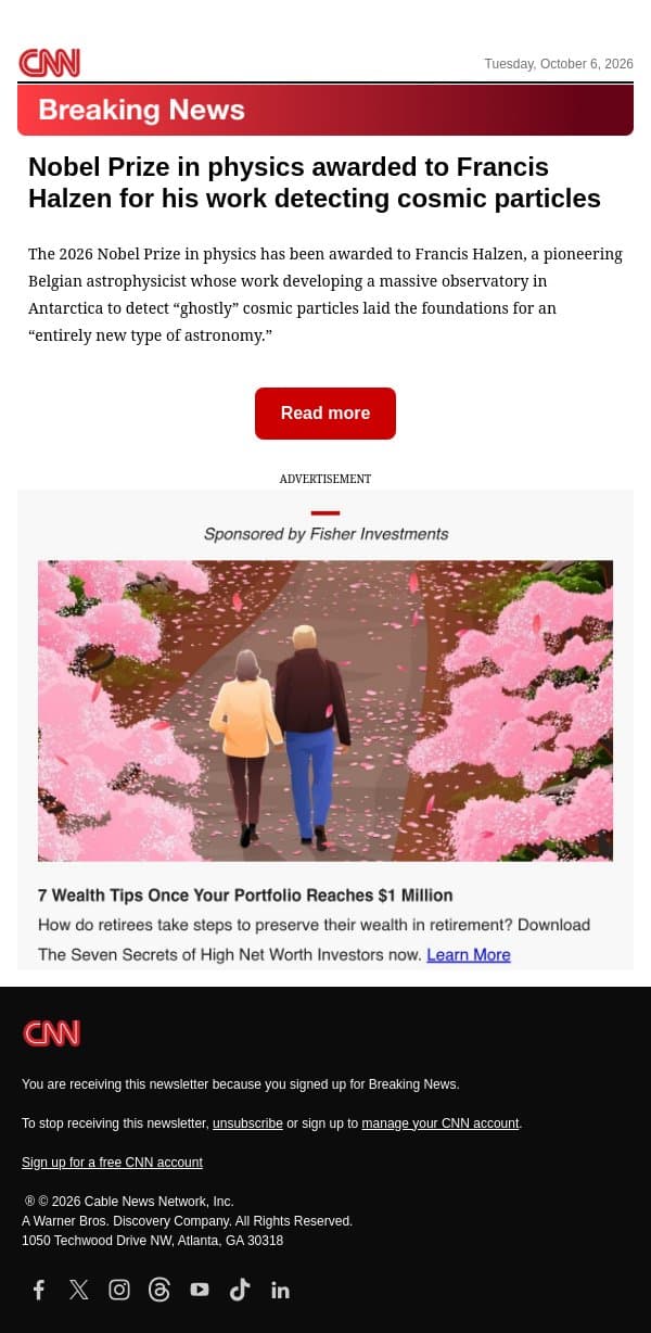 Nobel Prize in physics awarded to Francis Halzen for his work detecting cosmic particles email from CNN screenshot