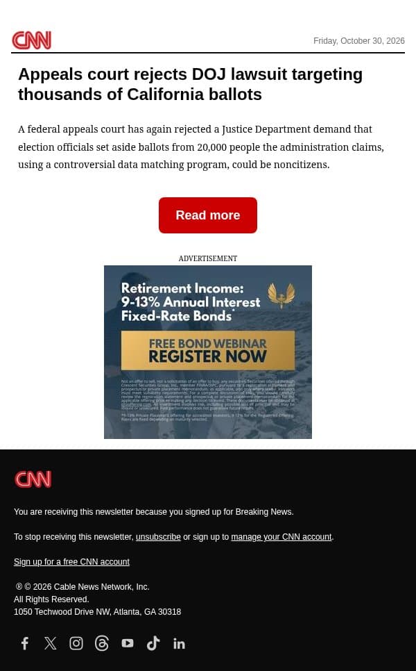 Appeals court rejects DOJ lawsuit targeting thousands of California ballots email from CNN screenshot