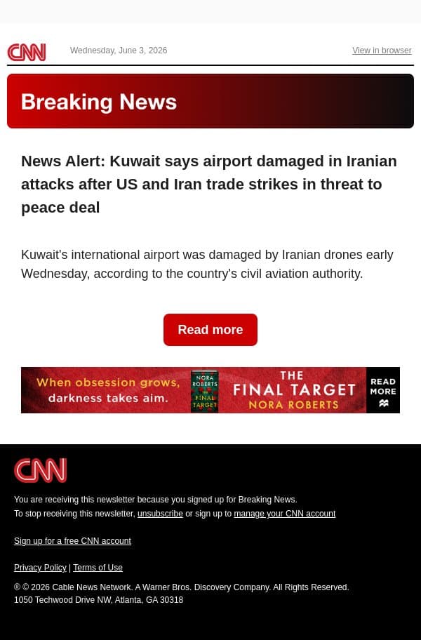 News Alert: Kuwait says airport damaged in Iranian attacks after US and Iran trade strikes in threat to peace deal email from CNN screenshot