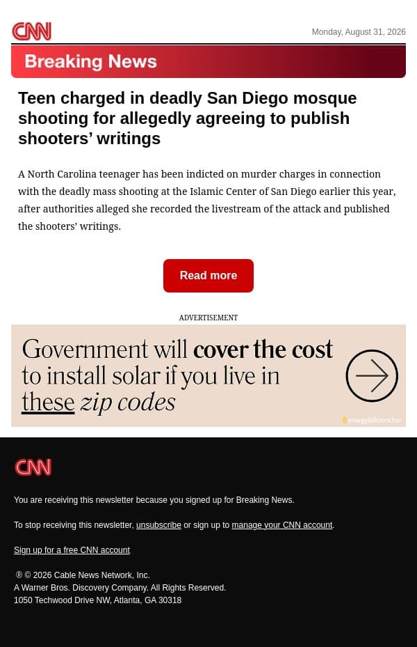 Teen charged in deadly San Diego mosque shooting for allegedly agreeing to publish shooters’ writings email from CNN screenshot