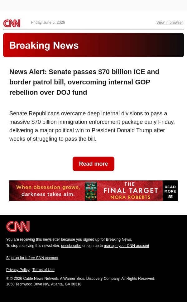 News Alert: Senate passes $70 billion ICE and border patrol bill, overcoming internal GOP rebellion over DOJ fund email from CNN screenshot