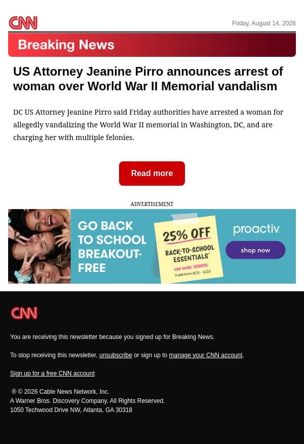 US Attorney Jeanine Pirro announces arrest of woman over World War II Memorial vandalism email from CNN screenshot