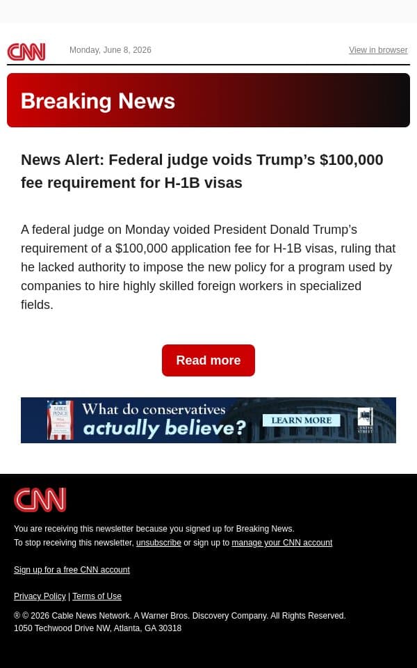 News Alert: Federal judge voids Trump’s $100,000 fee requirement for H-1B visas email from CNN screenshot