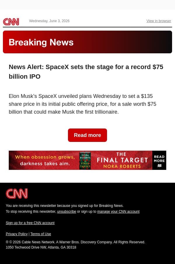 News Alert: SpaceX sets the stage for a record $75 billion IPO email from CNN screenshot