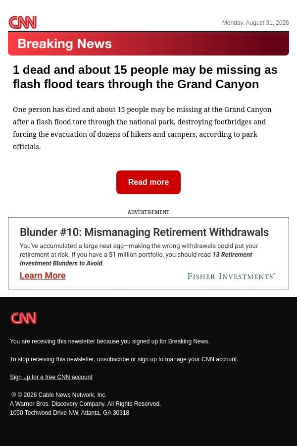 1 dead and about 15 people may be missing as flash flood tears through the Grand Canyon email from CNN screenshot