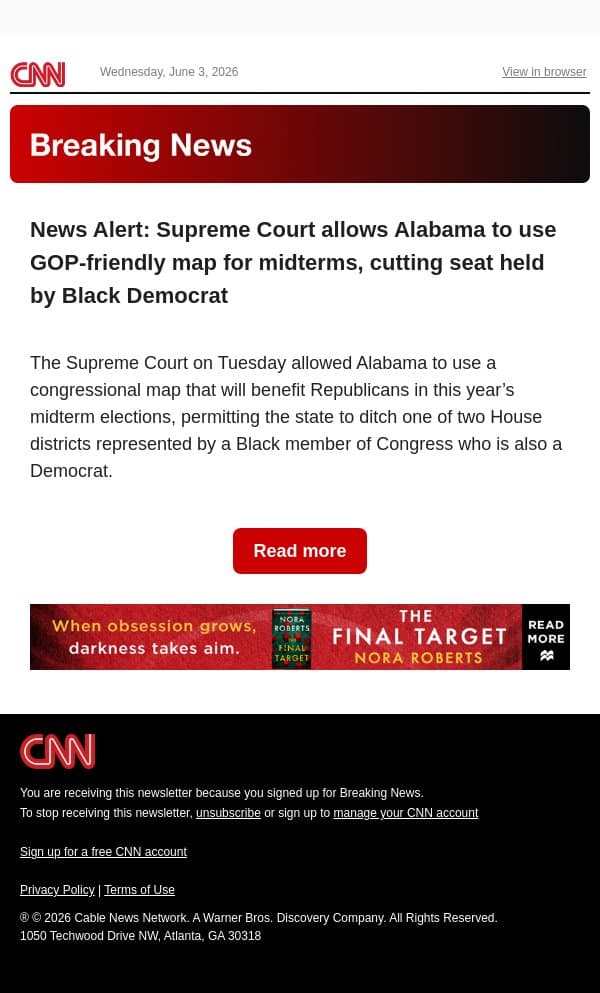 News Alert: Supreme Court allows Alabama to use GOP-friendly map for midterms, cutting seat held by Black Democrat email from CNN screenshot