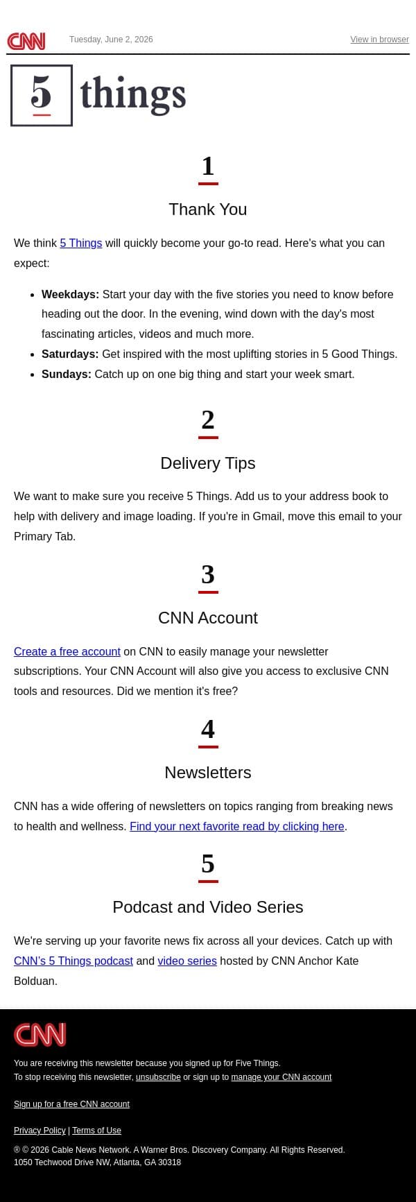 Thanks for subscribing to 5 Things email from CNN screenshot