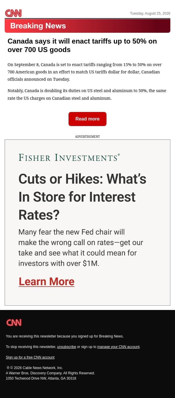 Canada says it will enact tariffs up to 50% on over 700 US goods email from CNN screenshot