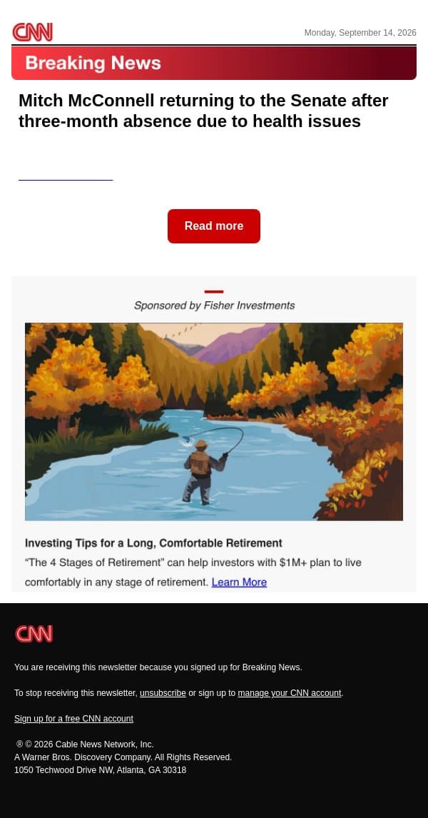 Mitch McConnell returning to the Senate after three-month absence due to health issues email from CNN screenshot
