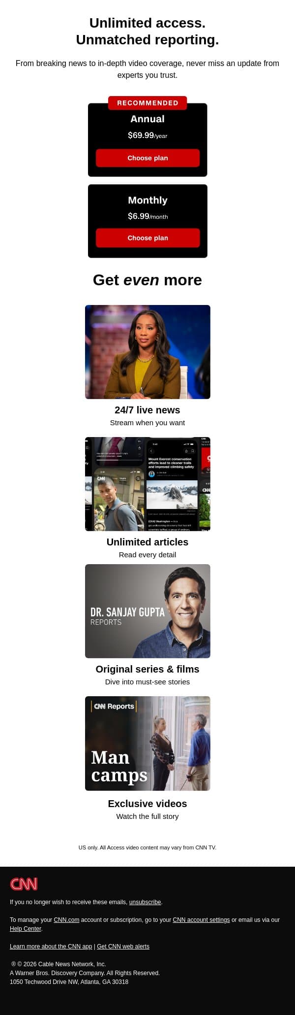 Stream CNN whenever you want. email from CNN screenshot