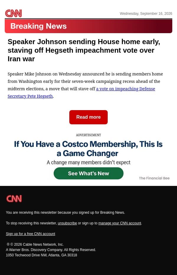 Speaker Johnson sending House home early, staving off Hegseth impeachment vote over Iran war email from CNN screenshot